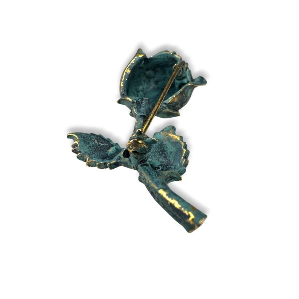 Exquisite Vintage Gold Tone Teal Enamel Rose Flower Brooch Vintage 1960s 70s - Picture 4 of 9